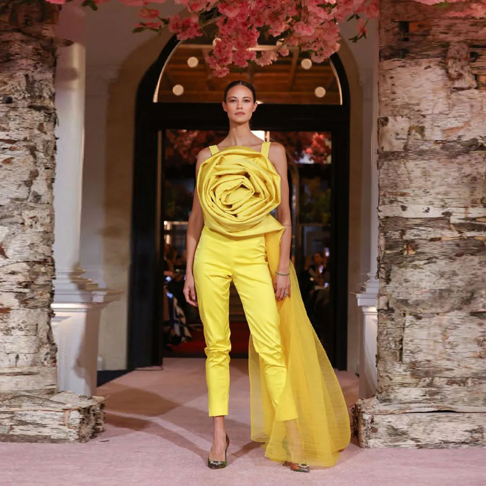 High End Bright Yellow Bloom Women Jumpsuits To Formal Party Fashion Handmade Flower Stretchy Female Long Pant