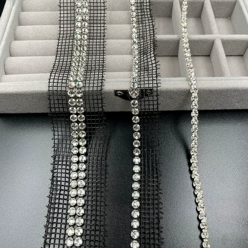 1 Yard Crystal Rhinestone Pearl Mesh Ribbon Trim Multi Row Diamond Lace Yarn Edge Chain For Wedding Dress Diy Garment Decoration