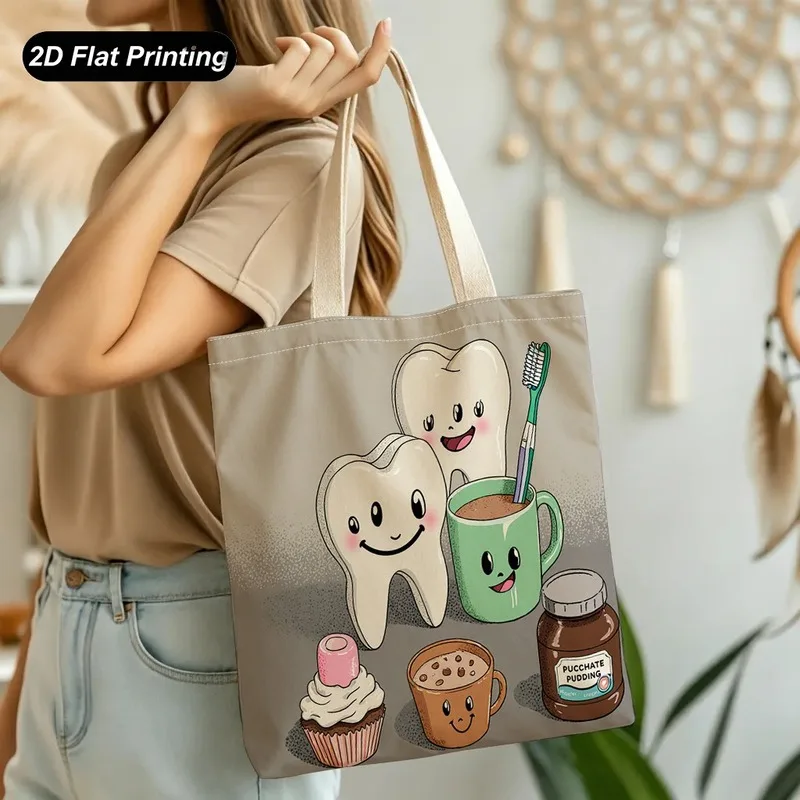 1PC【Tote Bag】New large-capacity tote bag，Cartoon smiling teeth childlike cup print，2DFlat effect，Size15.7in*13.8in，Suitable