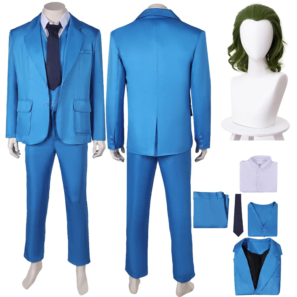 

Male Jokers Cosplay Wigs Blue Suits Movie Super Villain Roleplay Costume Adult Outfits Halloween Carnival Party Fantasy Clothes