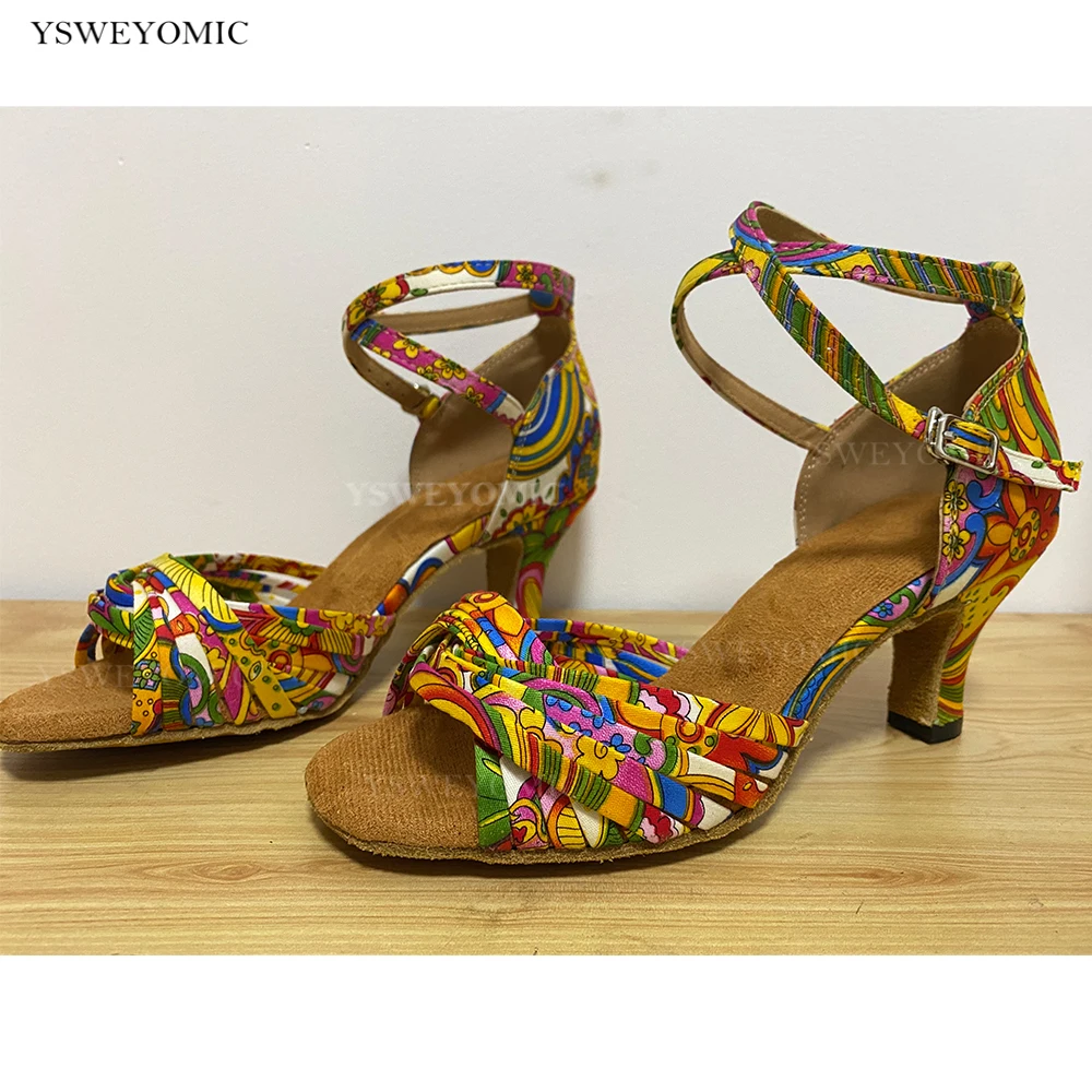 Colorful Printing Latin Dance Shoes for Women Soft Sole Flexible Sole Indoor and Outdoor Latin Salsa Dancing Sandals