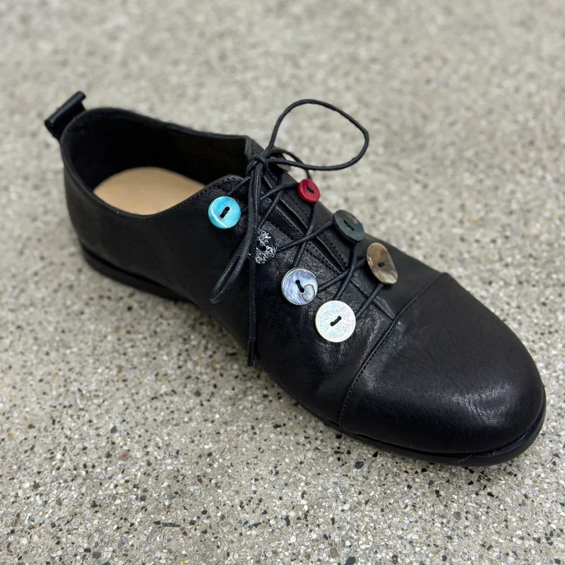 

Mixed Colors Button Decor Single Shoes Retro Lace-Up Flat Women Shoes Black Round Toe Loafers Zapatos De Mujer