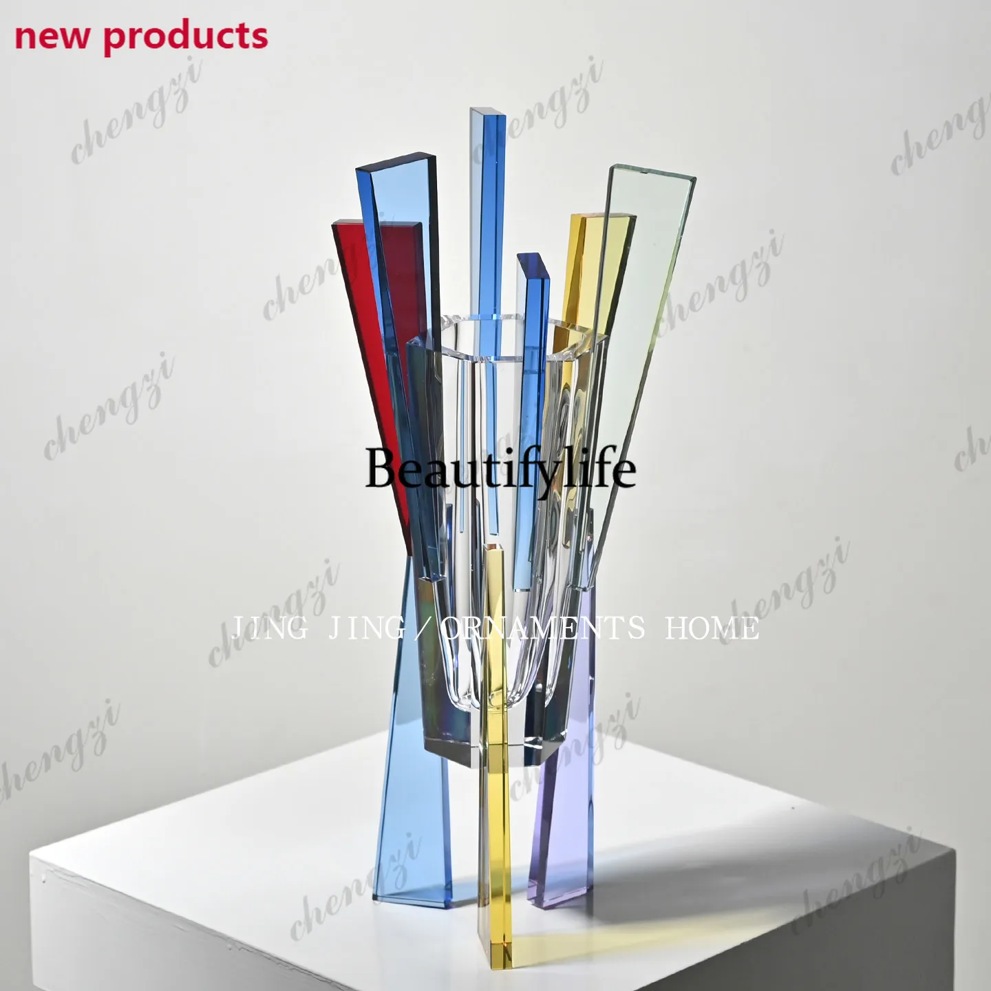 f182 Color vertical bar crystal flower ware abstract geometric splicing high-end vase decoration ornament