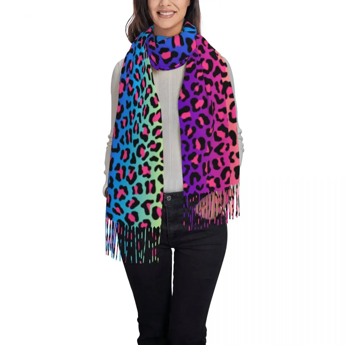 Custom Colorful Animal Skin Leopard Print Scarf Wrap Women Long Winter Warm Tassel Shawl Unisex Scarves