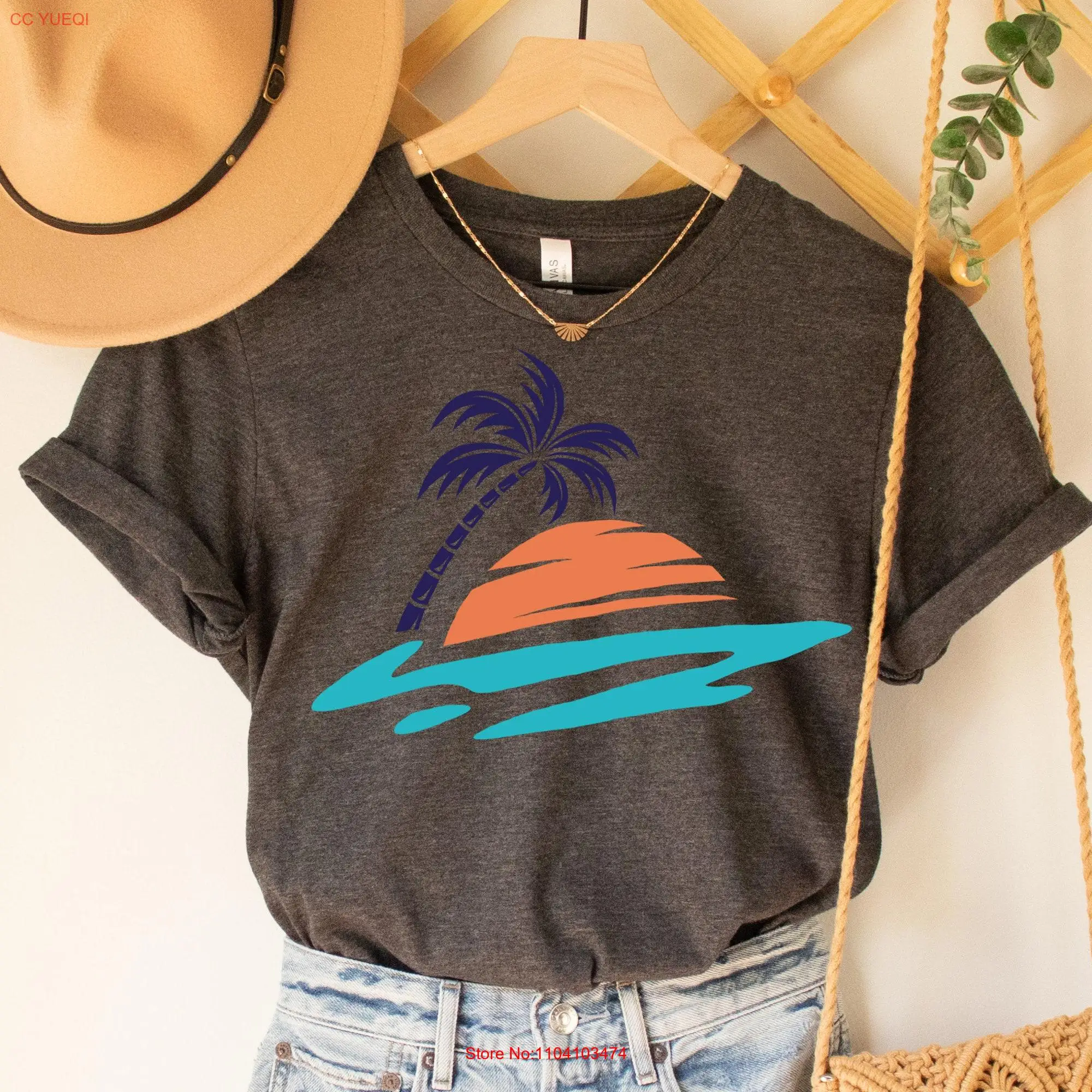 Retro Palm Tree T Shirt Vintage Tropical Summer SunseT Colorful Glitch Nature Beach Cute  long or short sleeves