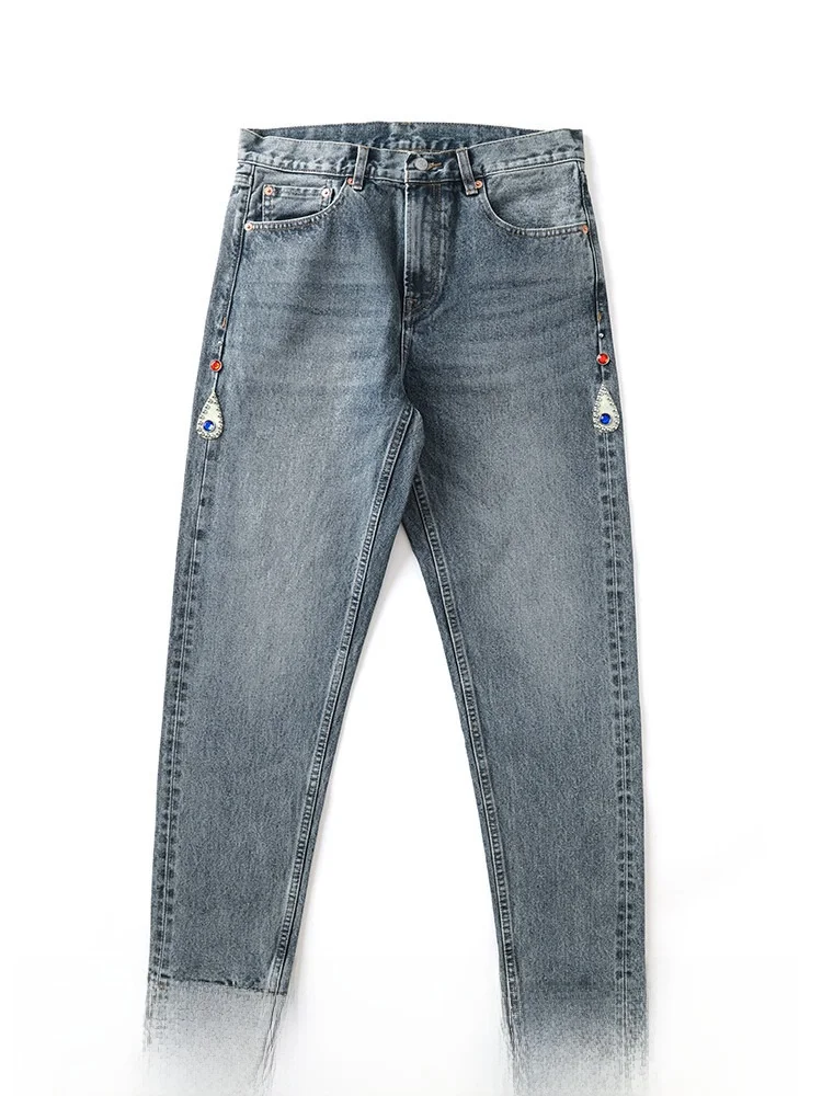 

MBBCAR Skinny Jeans Silver Washed Rivet Embedded Diamond Rock Style Youthful Cotton Denim mid Waist Long Pants for Young Men