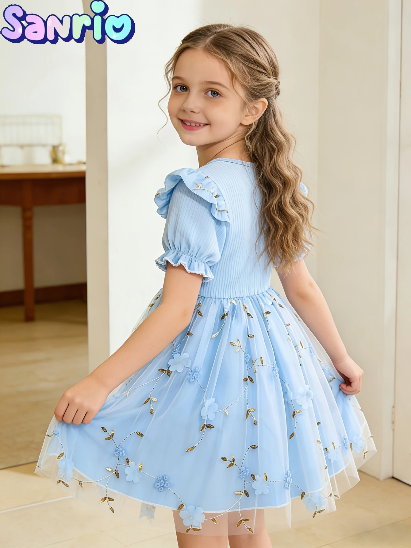 Cinnamoroll Princess Kids Outfit, European Style Girls Tulle Ball Gown, Blue 3D Floral Layered Mesh Tutu Dress for Birthday Part