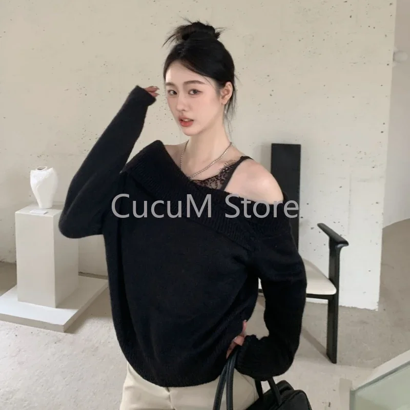 Woman Harajuku Elegant Solid Sweatshirt Loose Lace Partchwork Fake Two Pullovers Casual Long Sleeve Korean Fashion Jumpers Chic