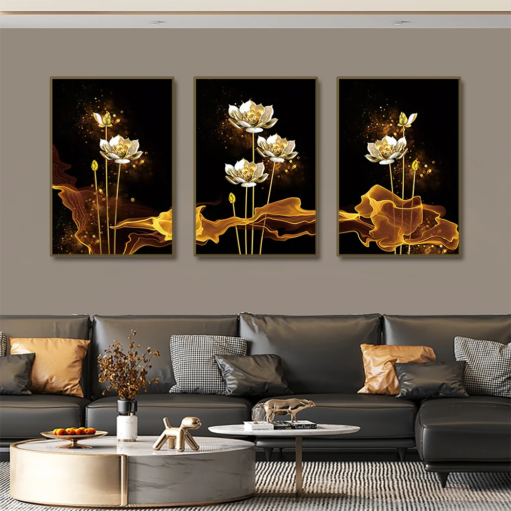 Juego de 3 piezas de impresiones en lienzo sin marco de flores de loto en negro y dorado, arte moderno para pared de sala de est