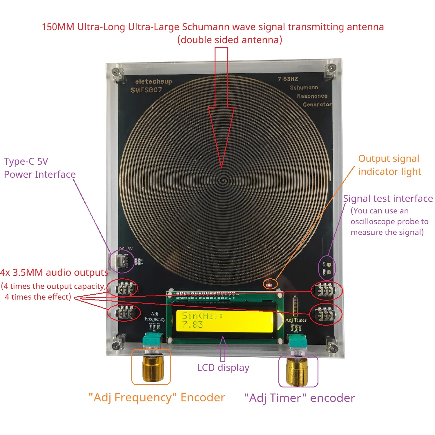 

High-Frequency Schumann Resonance Generator with 4 Outputs, Pure Sine Wave, 150MM Antenna, Cycle Timing Function