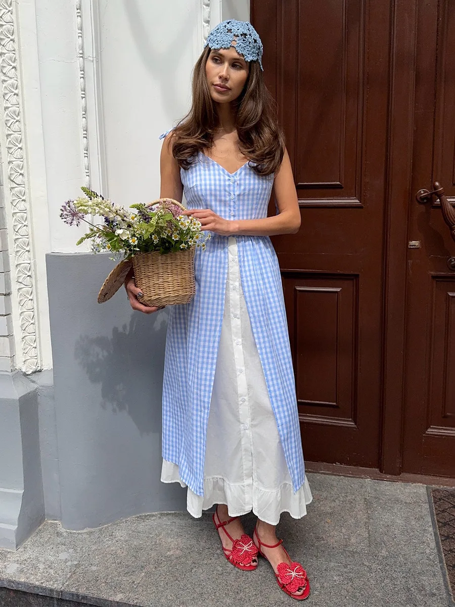 Bornladies Damen-Sommerkleid 2026, neues blaues kariertes Kleid, frischer Urlaubsstil, gespleißtes ärmelloses Kleid