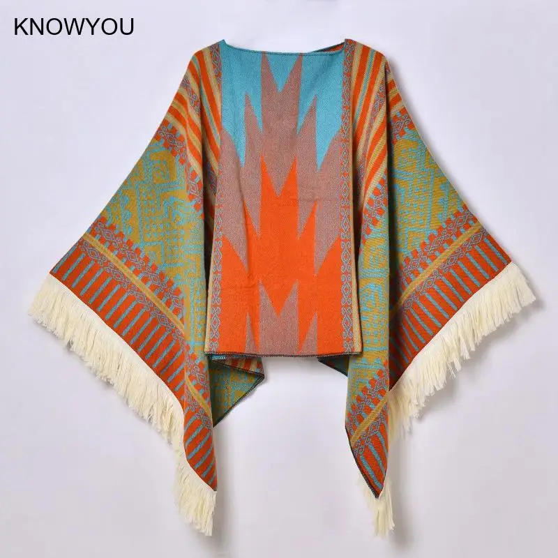 Podróżujący damski szal Poncho w stylu etnicznym frędzle bluza z kapturem płaszcz zimowy ciepły żakardowy dekoracja zewnętrzna mężczyźni duży koc pelerynowy
