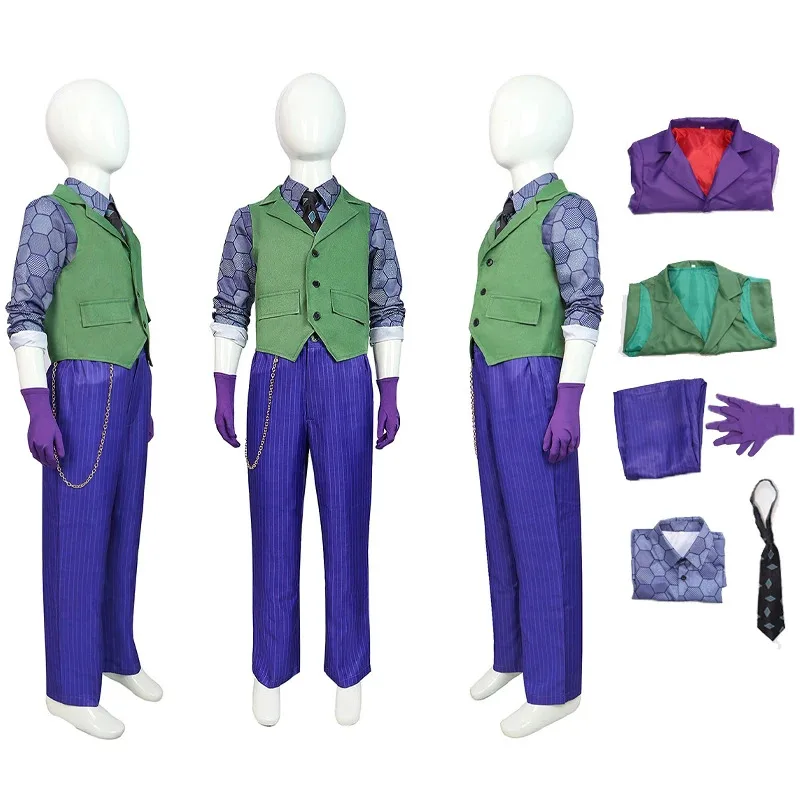 Dark Cos Joker Knight Cosplay Costume for Boys, Coat, Pants, Vest, Fantasy Outfits, Halloween Carnival Party, Role-Playing Costu