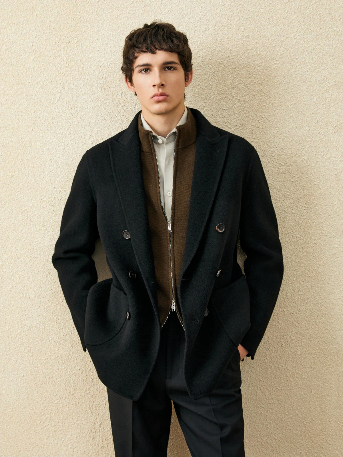 معطف قصير من الصوف بنسبة 100% للرجال |   معطف شتوي سميك أسود مزدوج الصدر |   معاووس وسترة دافئة ذات وجهين