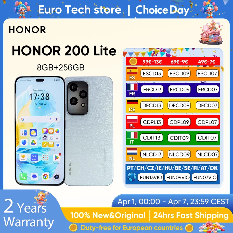 HONOR 200 Lite 5G Smartphone Version mondiale 8GB + 256GB MediaTek Dimensity 6080 AMOLED 6.7 "4500mAh 35W SuperCharge 108MP