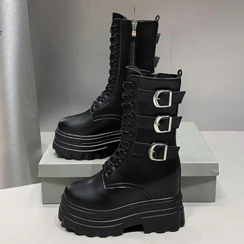 Botki dla kobiet krótkie buty okrągłe Toe wysokie platformy buty motocyklowe gruby obcas trampki buty zwiększenie 12CM buty buty