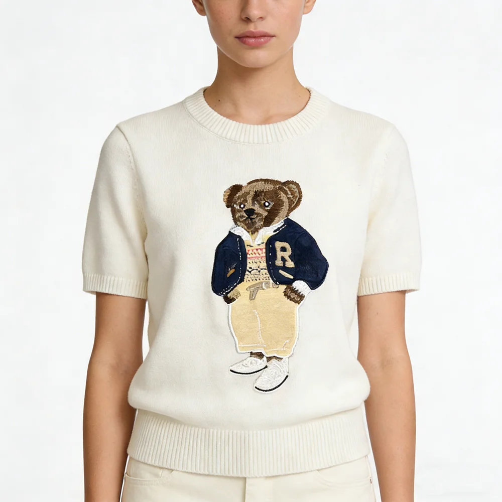 New Summer Women's Knitted Sweater T-Shirt Fashion Short Sleeve Cartoon Bear Embroidery Knitwear Round Neck Thin Casual Jumperes