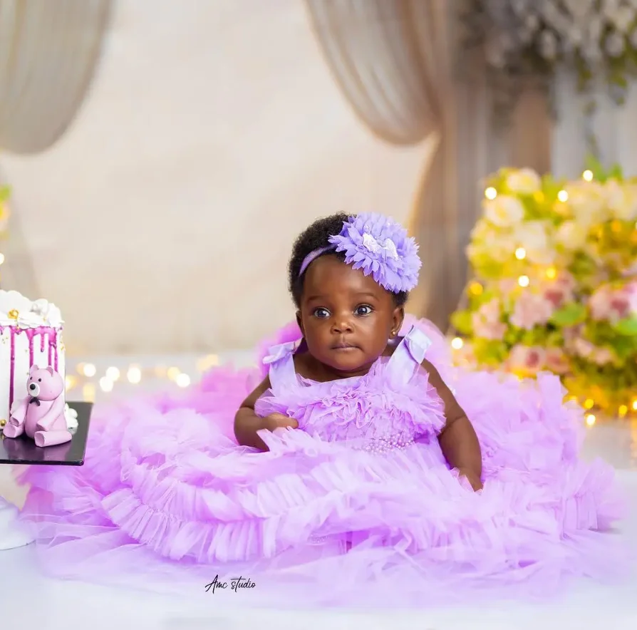 Lavender Baby Girls Birthday Party Dress Beaded Pearls Ruffles Flower Girl Dresses Baby Kids Ball Gowns for Photo Shoot