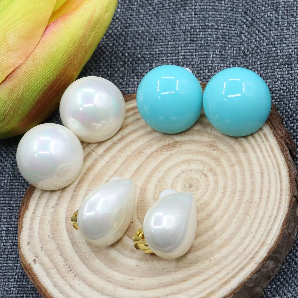 GuaiGuai Jewelry Natural White Shell Turquoise Blue Pearl Ear Clip Earrings For Lady Exquisite Jewelry