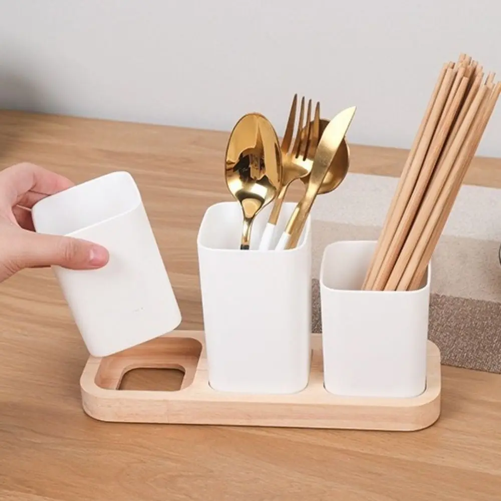 

2/3 Divided Chopstick Holder Wood Base Detachable Tableware Organizer Storage Bucket Plastic Kitchen Utensil Holder Household