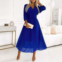 Autumn Women's Sexy Dress With Waist Cinching  Big Swing Solid Blue 3/4 Sleeve V Neck A Line Elegant Party Midi OL Dresses Robes