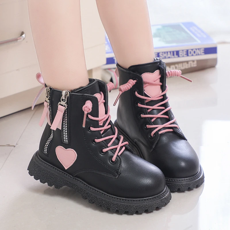 Botas de invierno para niña, botines cálidos de felpa Rosa Lolita para niños, botas cortas escolares con cremallera 27-37, zapatos cómodos de cuero Pu mate a la moda para niños