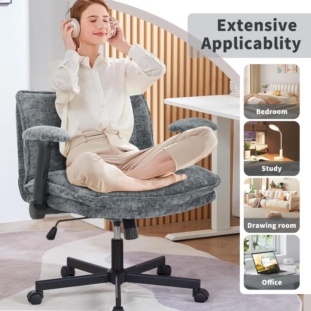 كرسي مكتب بأرجل متقاطعة مع عجلات وأذرع قابلة للتعديل، كرسي مكتب متقاطع مع وسادة سميكة، كرسي مقعد عريض