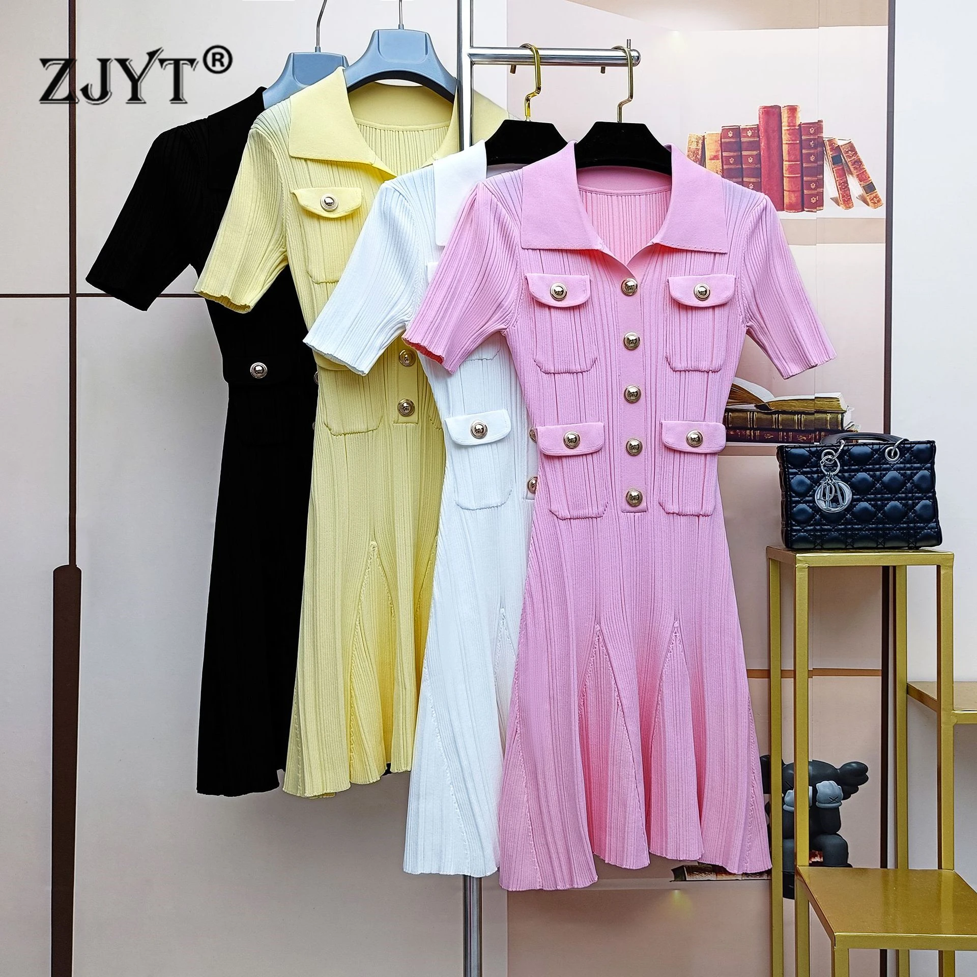 

ZJYT New Summer Women's Short Sleeve Knitting Sweater Dresses 2025 Elegant Turn Down Collar Yellow Casual Party Dress Female