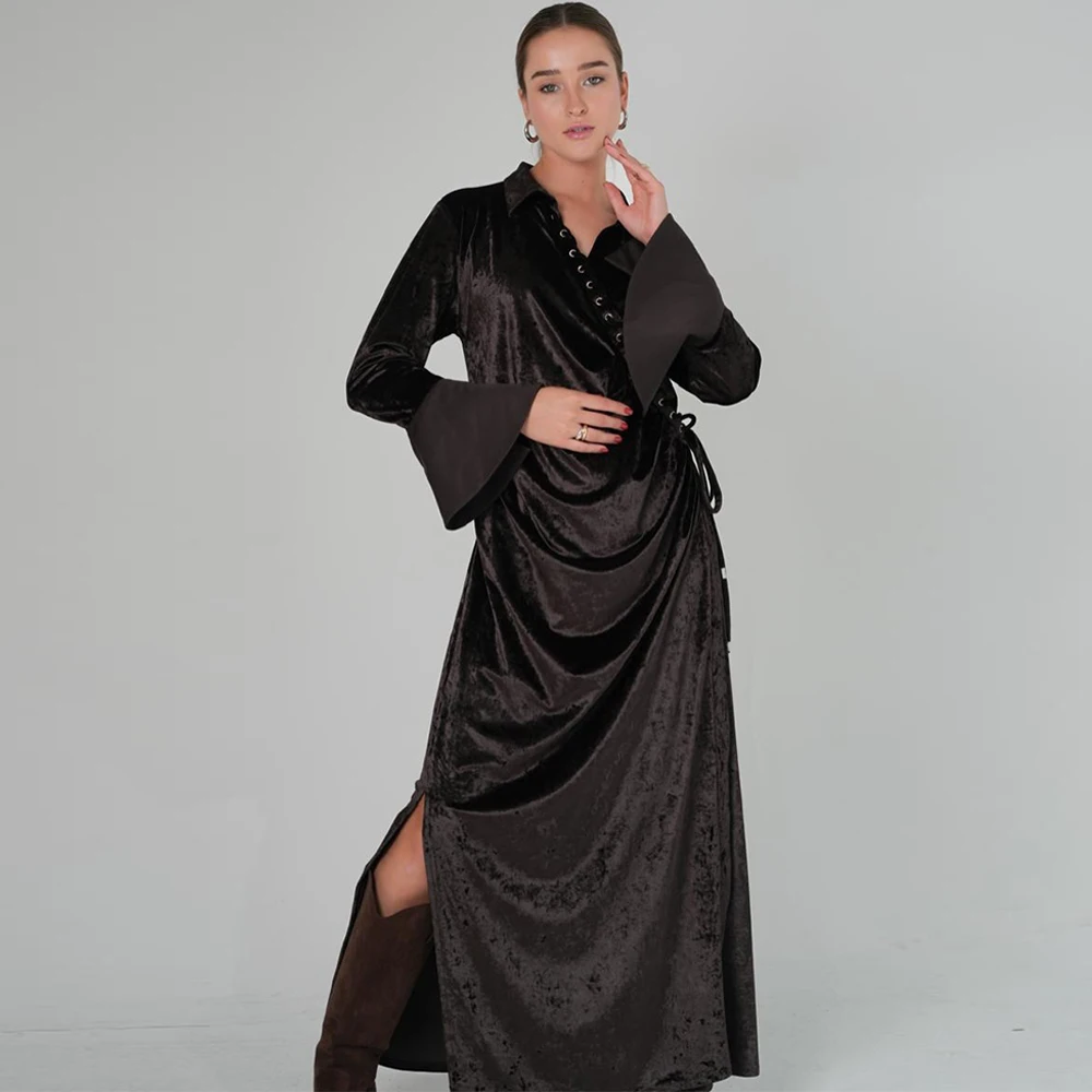 

Classic Dark Brown Velour Evening Dress Elegant Long Sleeves Homecoming Dresses Temperament V-Neck Customized Celebrity Gowns