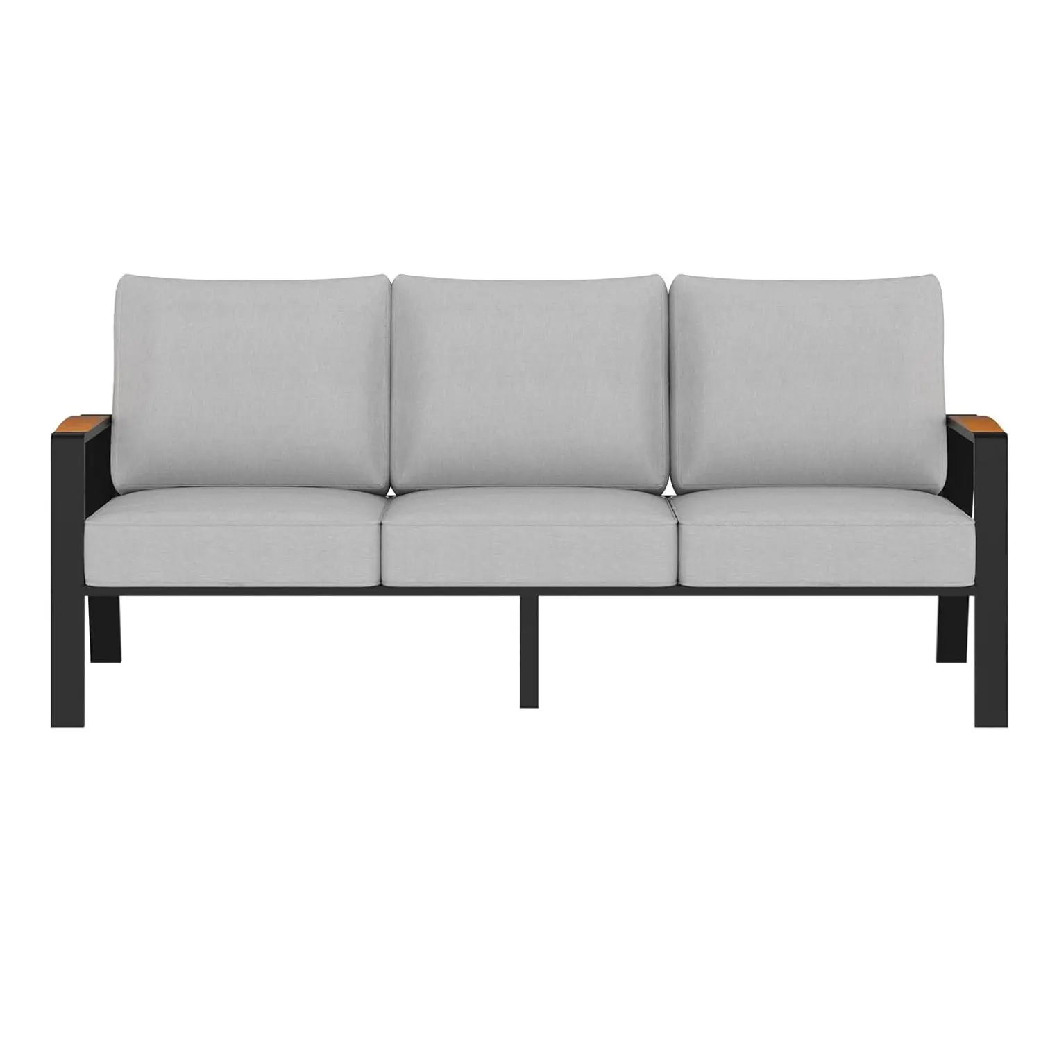 

Всепогодный алюминиевый уличный 3-местный диван с подлокотниками из тика и толстыми подушками, темно-серый, на заказ