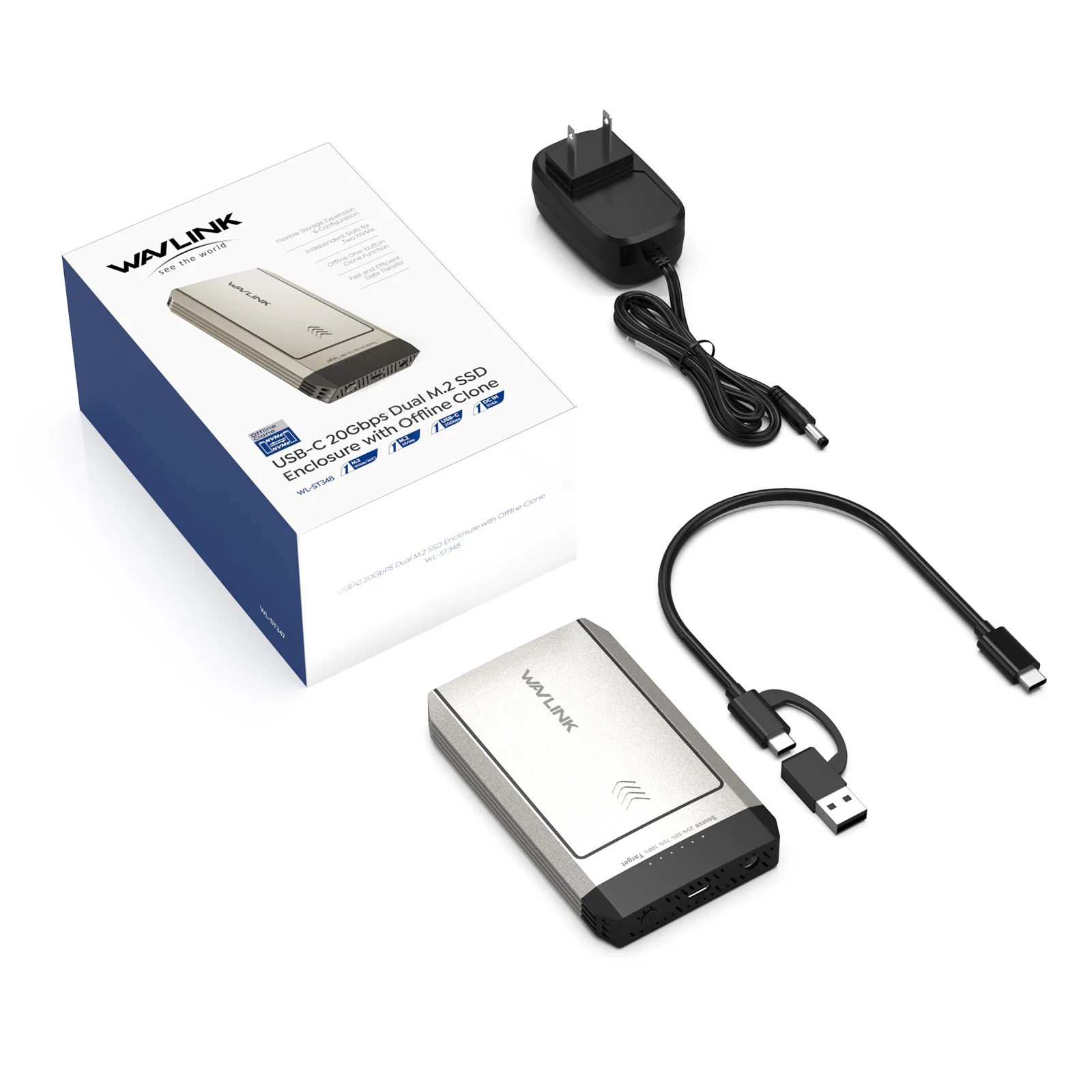WAVLINK Hard Drives Enclosure, M.2 SSD Dual-Bay Duplicator, Compatible with NVMe and AHCI, One Click Offline Clone, 20Gbps USB-C(USB3.2 Gen 2x2), 8TB Expansion Storage(4TBx2)