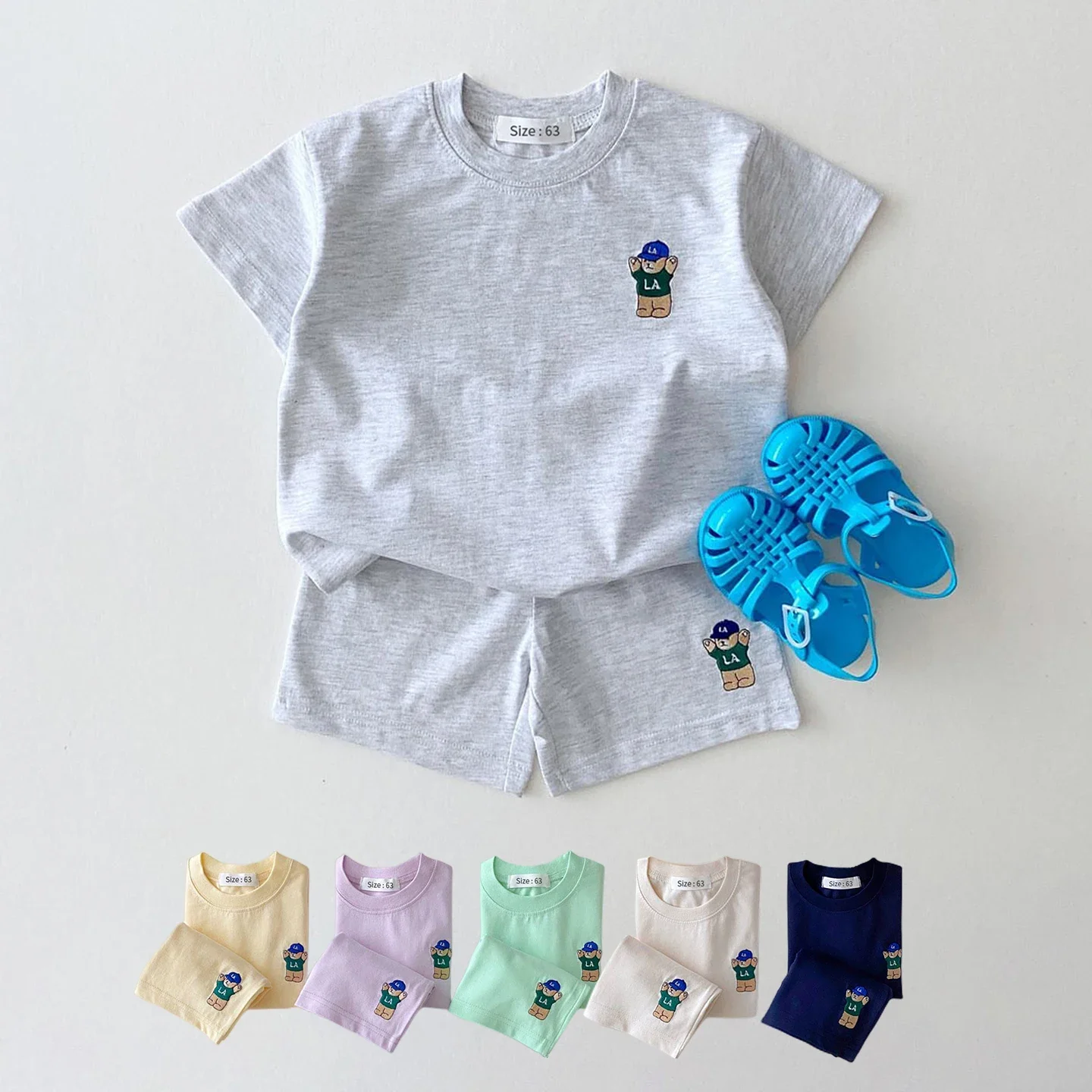 2024 Summer Korea Baby Boys Suit Embroidered Bear Badge Tees T shirts+Loose Shorts Girls 2Pcs Casul Infant Sets Toddler Clothes