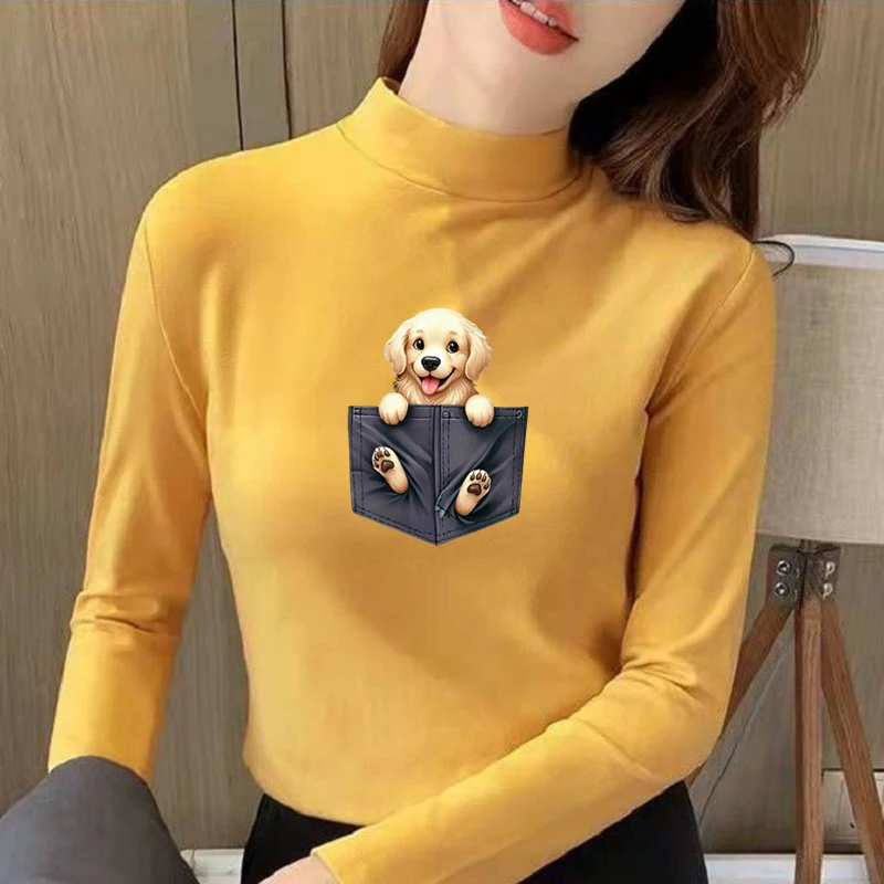 2026 New Autumn Winter Thermal Brushed Fleece Long Sleeve Graphic Print T shirt Blouses Female Warm Shirt Women Top