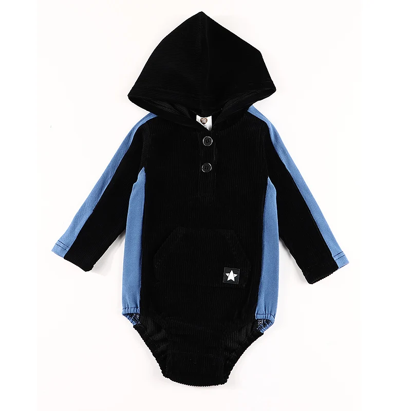 Baby Romper Black Corduroy Side Denim Panel Long Sleeves Baby Boy and Girls Clothes Cangroo Pocket Baby Overalls Hoodie Clothing