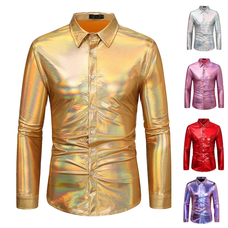 

Мужская блестящая рубашка с длинным рукавом Gold Sparkle для выступлений на сцене, дискотек, ночных клубов, диджеев, певцов, больших размеров, оверсайз