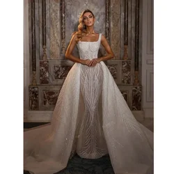 Luxury Square Collar Wedding Dresses Fashion Sparkly Beads Sequined Mermaid Gowns with Detachable Train White Bridal Dresses