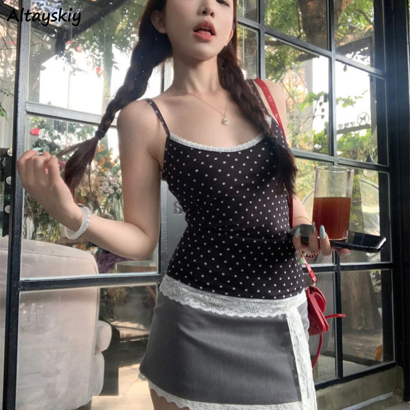 Hotsweet Camisoles Women Lace Polka Dot Slim Sleeveless Tops Korean Fashion Trendy BM Temperament All-match BF Leisure Ulzzang