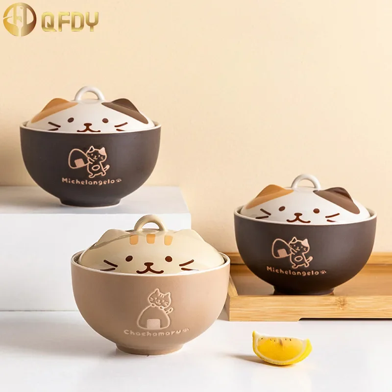 Japanese tableware cute cat ceramic bowl，large capacity lid bowl，home soup bowl，student instant noodle bowl with lid