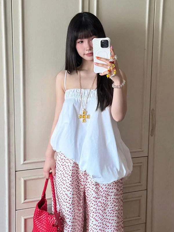 

Spicy Girl Strap Vest Women's Loose Irregular Flounce Hem White Small Top Summer Fashion Set Long Pants Commute Style