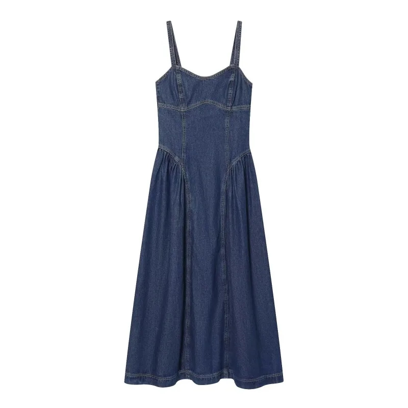 Damen Vintage Jeans-Midikleid mit Spaghettiträgern, Herzausschnitt, tailliertem Schnitt und ausgestelltem Rock – Lässiges Sommer-Strandkleid