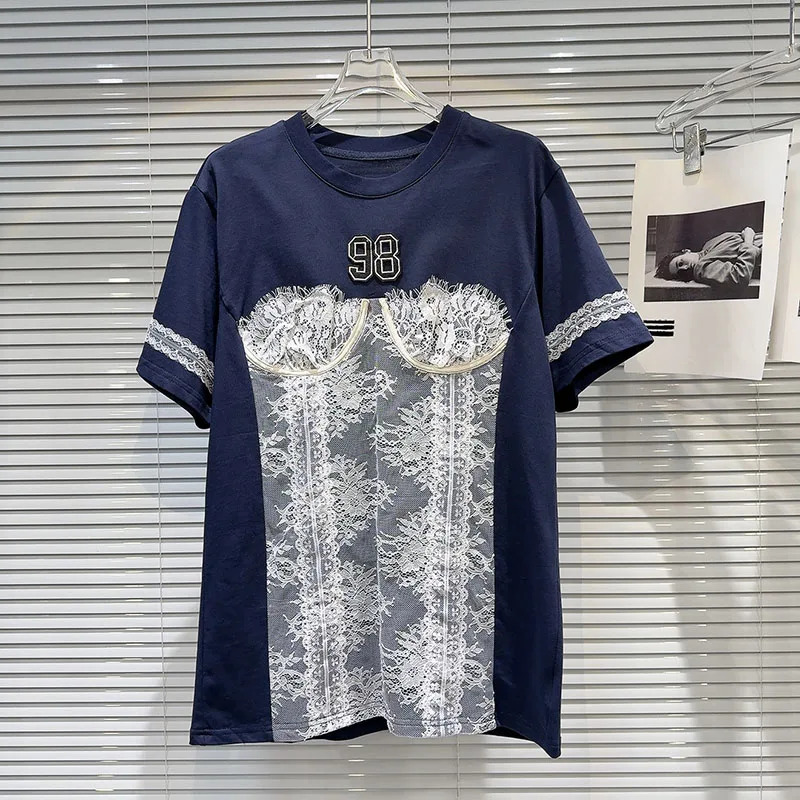 

Female Trendy New Items T-shirt Lace Patchwork Splicing Letter Design Loose Casual Round Neck Print Short Sleeve Top
