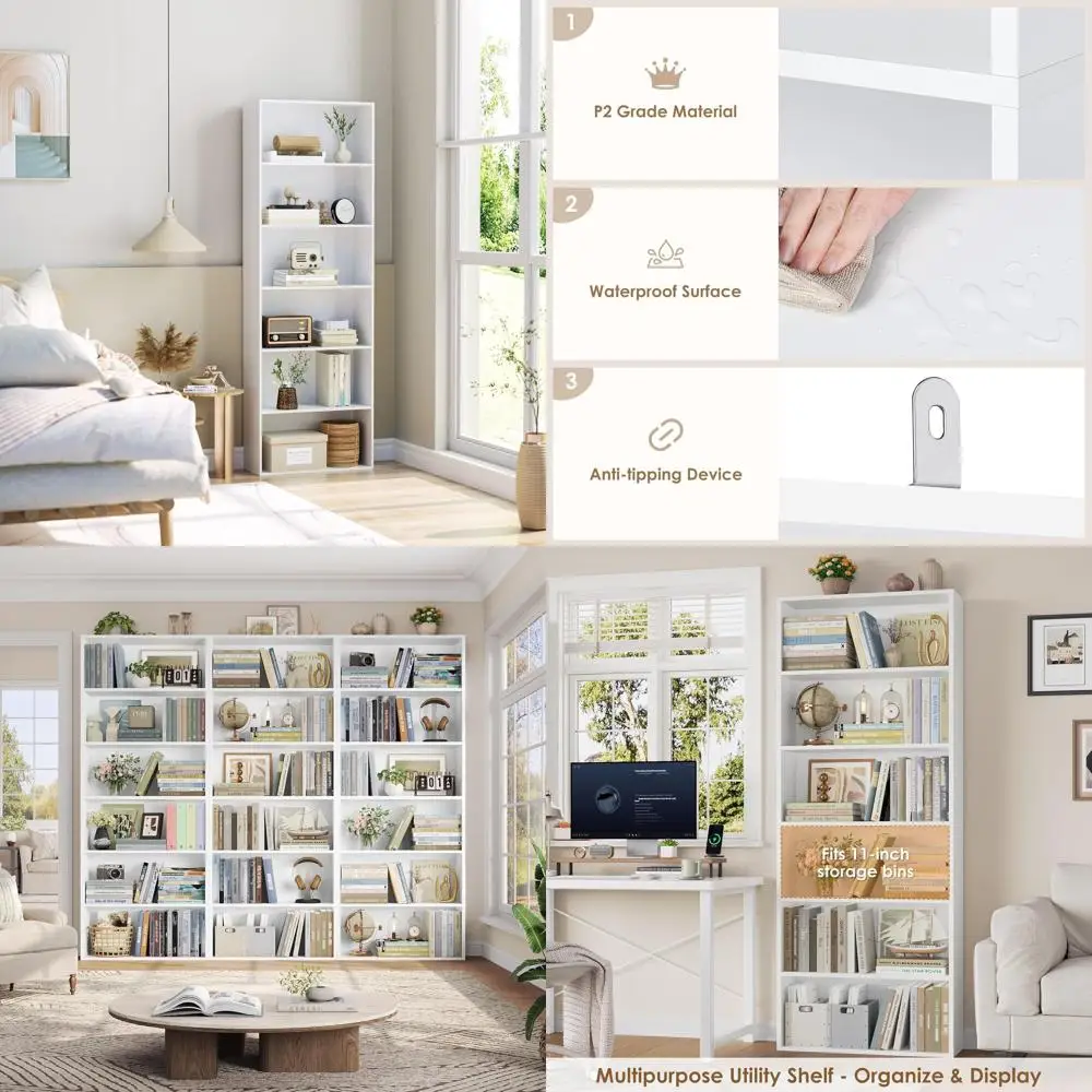 

6-Shelf Open Bookcase, Tall Storage Display Unit, White, Suitable for Home and Office