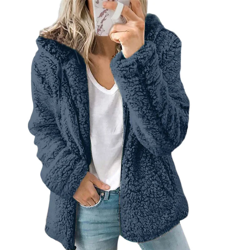 2023 Women Autumn Winter Jacket Female Coat Causal Soft Hooded Fleece Plush Warm Plus Size Faux Fur Fluffy Zipper Top Sudadera