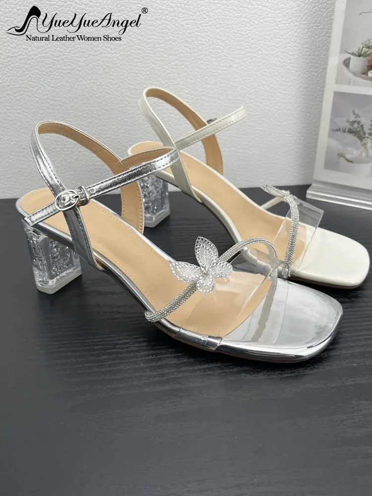 

Women Fashion Summer Butterfly Sandals Diamonds Beading High Heels Shoes Elegant Ladies Party Real Sheepskin Buckle Strap Shoes