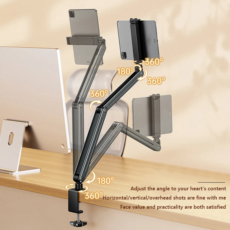 Foldable Tablet Desktop Stand Aluminum Alloy 360° Rotation Flexible Tablet Holder Bed/Desk Arm Mount for 4.5-12.9 Inche Devices