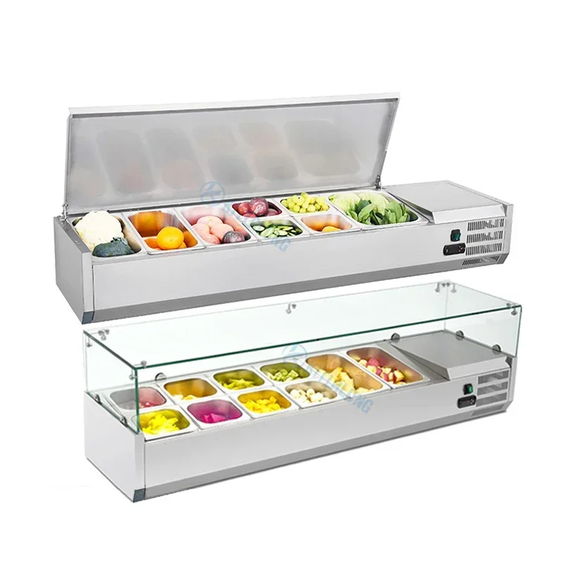 Commercial Pizza Prep Table Refrigerator Refrigerated Counter Top Fruit Salad Bar Refrigerator Display Fridge Showcase