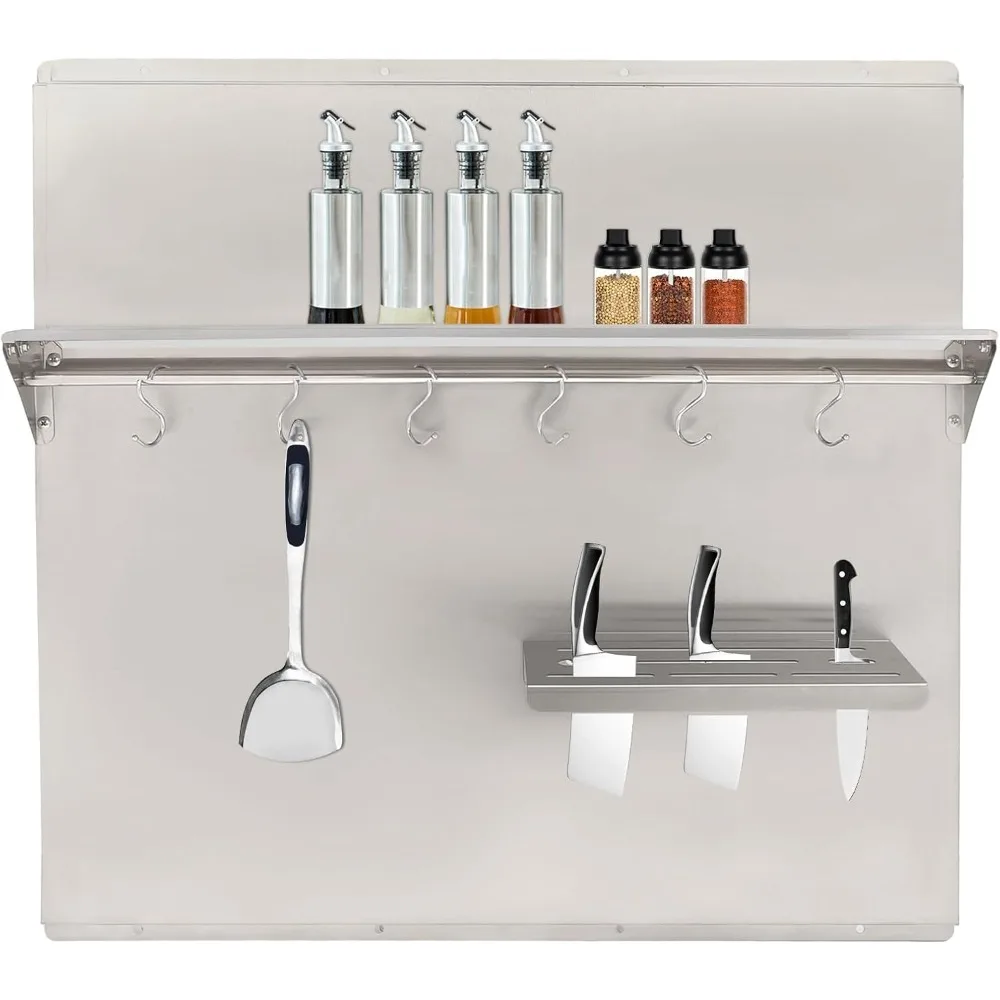 Stainless Steel Stove Range Backsplash Splatter Guard Utensil Holder and Cleaning Towel with Storage Shelf and Hanging Rack