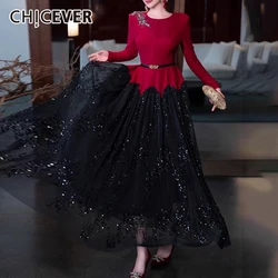 CHICEVER Spliced Sequins Women's Mesh Dresses Round Neck Long Sleeve Slim High Waist Patchwork Belt Temperament Dress Female New