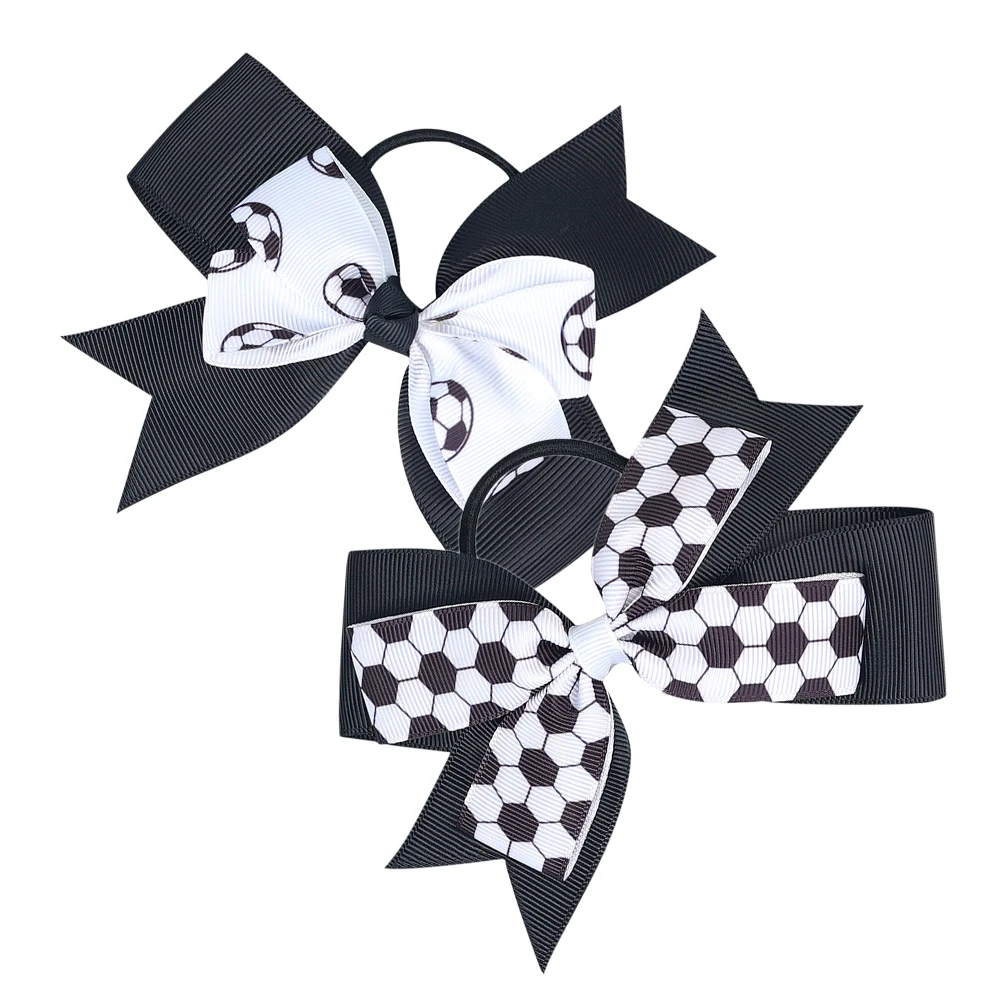 

2pcs Soccer Bow Hair Ties Elastic Bands Girls Child Large Bows Black White Color Matching Secure Grip Anti Slip Design Hair
