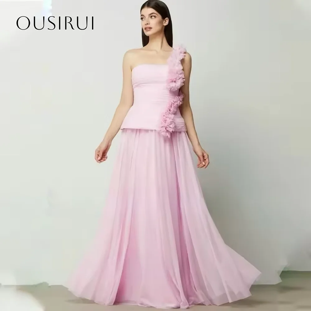 Rüschenbesetztes One-Shoulder-Chiffon-Abschlussballkleid, bodenlang, ärmellos, A-Linie, Abendkleid, maßgeschneidert, elegante Festkleider